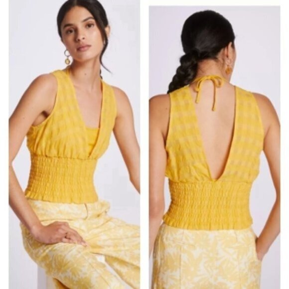Anthropologie Maeve Yellow Smocked Overlay Plunging Cropped Medium Tank Top NWT - Picture 1 of 7
